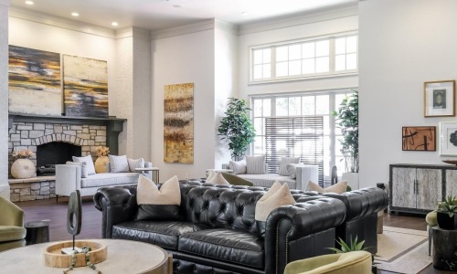 a living room with a fireplace