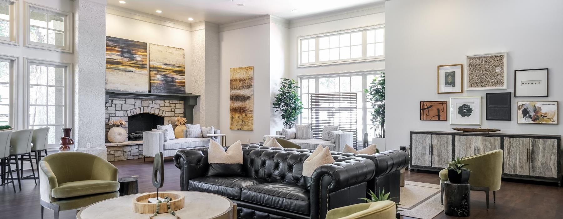 a living room with a fireplace